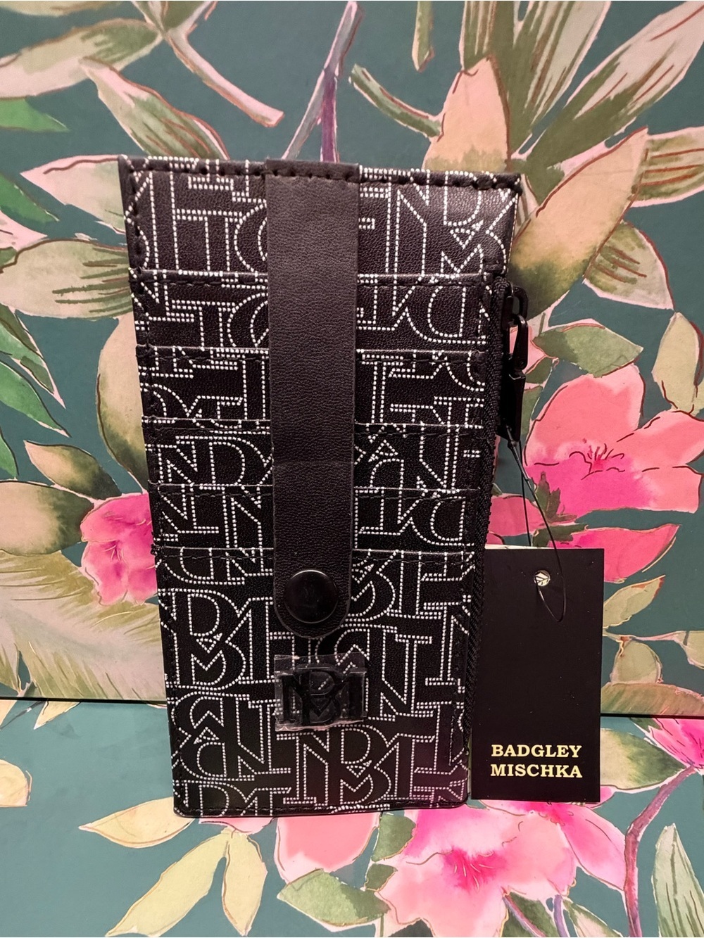 Badgley Mischka Black Monogram Card Holder Wallet w/ Zip Pocket NWT
